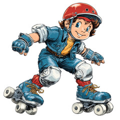 Cartoon child in denim outfit and protective gear skating on quad roller skates