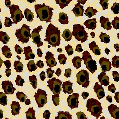 This seamless pattern features a classic leopard print with black, brown and beige spots for a bold and stylish design.
