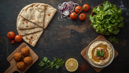 Falafel bowl with pita bread, hummus and olive oil, Mediterranean healthy meal, room for text at top

