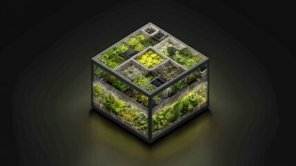 A cube-shaped living plant wall with greenery, blooms, and artificial lights