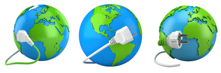 3D Plastic Style Globe With Plug Representing Sustainable Tech and Renewable Energy Sources Isolated On Transparent Background