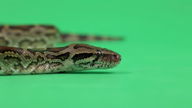 Close-up of a Python Snake's Head with Distinctive Patterned Skin on a Vibrant Green Chroma Key Background
