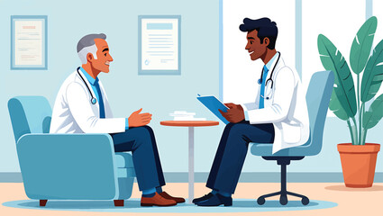 Professional healthcare discussion between two multiethnic doctors in a modern clinic office setting. Flat vector graphic illustration.