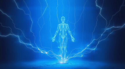 A surreal digital artwork in cool colors depicting a single, glowing, translucent blue wireframe figure.  It floats in a vast black void, encircled by many smaller, shimmering blue lights, all pulsing