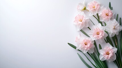 Fototapeta premium Delicate arrangement of pink and white daffodils on a light background.