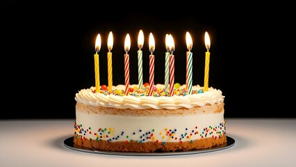 Festive birthday cake adorned with glowing candles, symbolizing celebration and joy.