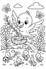 Fototapeta premium Cute Kawaii Hummingbird Line Art for Coloring Book – Hand Drawn Simple Outline Design