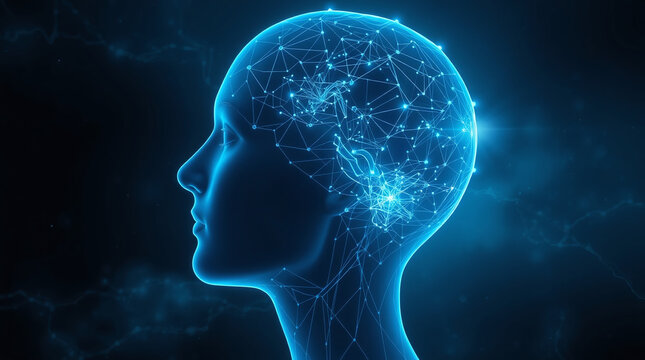 Ethereal digital painting of a glowing, translucent 3D wireframe human head, viewed from the side, set against a dark cosmic background. Luminous electric blue light forges new neural pathways. The st - Powered by Adobe