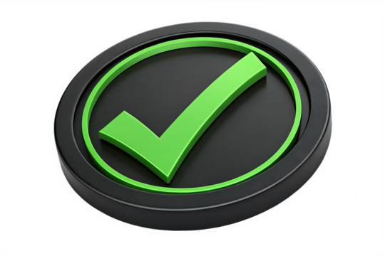 Green check mark in black circle isolated on transparent background