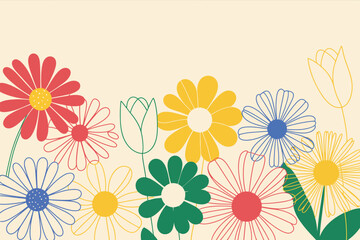 A colorful assortment of outlined flowers with different centers on a light beige background art design