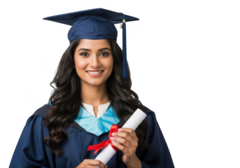Smiling graduate holding diploma isolated on transparent background