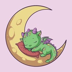 Cute Baby Dragon Sleeping on the Moon