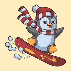 Cute Penguin on a Snowboard Cartoon