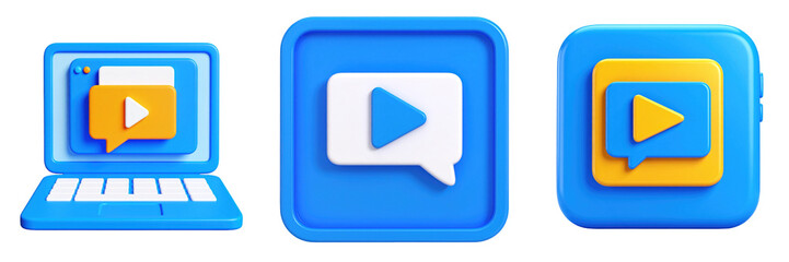 3D Plastic Style Video Call Icons on Transparent Background with Play Button Inside Speech Bubble and Laptop Displaying Video Call Interface
