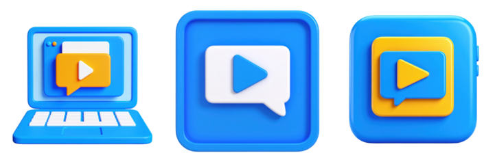 3D Plastic Style Video Call Icons on Transparent Background with Play Button Inside Speech Bubble and Laptop Displaying Video Call Interface