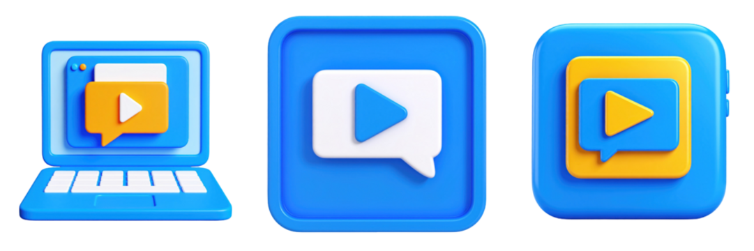3D Plastic Style Video Call Icons on Transparent Background with Play Button Inside Speech Bubble and Laptop Displaying Video Call Interface - Powered by Adobe