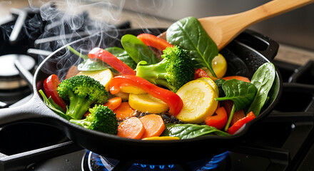 A vibrant, close-up shot of an array of fresh vegetables&mdash;including bell peppers, broccoli, and onions&mdash;sizzling in a hot pan.