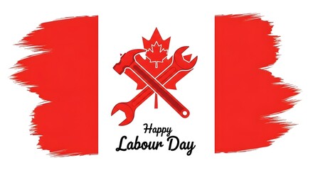 Canadian flag with a hammer and wrench crossed over a maple leaf, with happy labour day text
