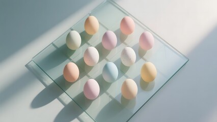 Pastel-colored spheres arranged in a grid on a transparent surface, illuminated by soft lighting.