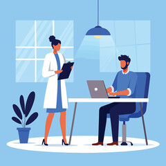 Doctor Consulting with Patient at Desk in Office Vector Illustration