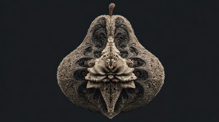 A symmetrical, intricately detailed, pear-shaped structure with organic patterns against dark gray