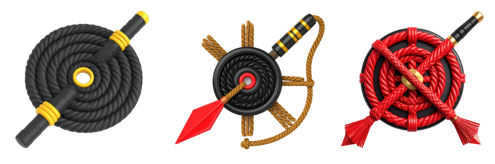 3D Plastic Style Icons of Ninja Rope Darts Featuring Black and Red Rope Elements with Golden Accents on a Transparent Background Displaying Coiled and Cross Designs