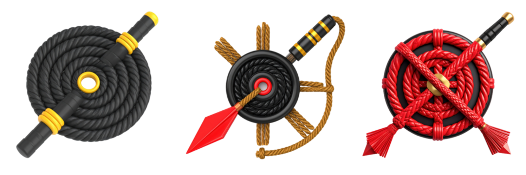3D Plastic Style Icons of Ninja Rope Darts Featuring Black and Red Rope Elements with Golden Accents on a Transparent Background Displaying Coiled and Cross Designs - Powered by Adobe
