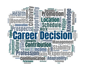 Career Decision Word Cloud. Essential factors shaping professional growth and choices