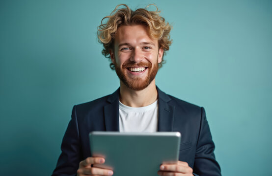 Smiling man in dark suit jacket holds tablet computer against light blue background. Young guy with curly blond hair, beard shows excitement, enthusiasm, good vibes. Presenting new app, tech