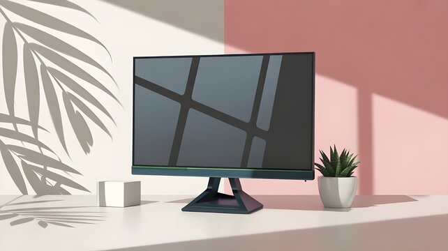 Modern Minimalist Computer Monitor Setup with Geometric Aesthetics and Natural Light Casting Palm Frond Shadows creating a calming home office atmosphere