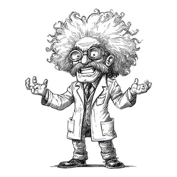 Cartoon mad scientist with wild hair and goggles wearing a lab coat and tie