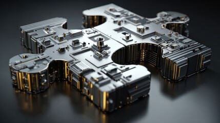 A metallic, intricate puzzle piece rendered with circuits, angled lighting on a dark surface