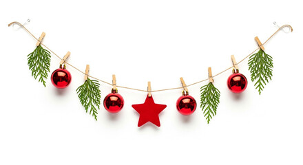 A simple and charming DIY Christmas garland with red ornaments and greenery clipped to a string perfect for a minimalist or rustic holiday decorating project