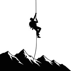 Create a man mountain climb rope vector art silhouette with white background. © al