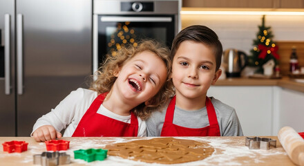 Two adorable and happy children a laughing girl and a focused boy have fun together making Christmas cookies in the kitchen a perfect scene of holiday baking
