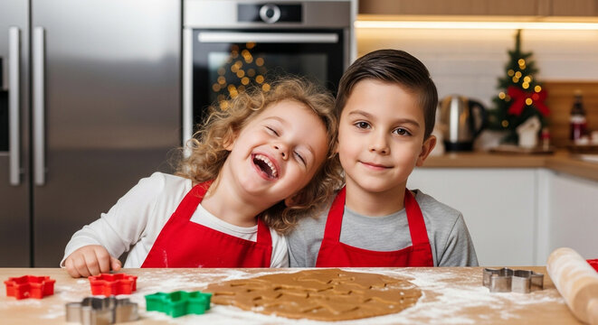 Two adorable and happy children a laughing girl and a focused boy have fun together making Christmas cookies in the kitchen a perfect scene of holiday baking - Powered by Adobe