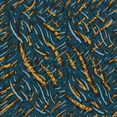 A seamless pattern with abstract wavy stripes in black, white and gold creating a dynamic animal-inspired design with a modern twist.