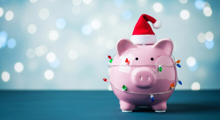 Saving for the holidays is shown with this cute pink piggy bank wearing a Santa hat and festive lights a perfect concept for a Christmas budget or holiday fund