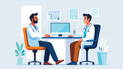 Vector illustration of two male doctors having a professional consultation in a modern medical clinic office with a computer
