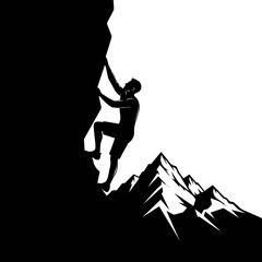 Create a climb man mountain vector art silhouette with white background.