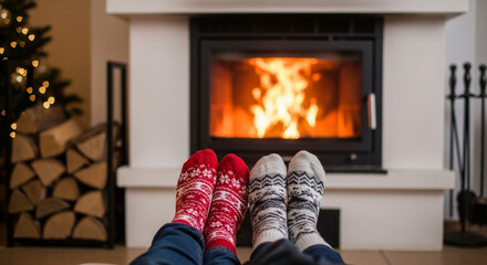 A couple relaxes with their feet in cozy festive socks warming up by a roaring fireplace a perfect picture of comfort and togetherness on a cold winter evening