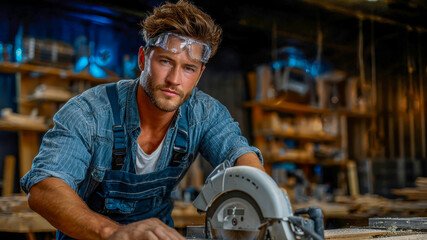 Skilled male carpenter in blue denim shirt and safety goggles operates a circular saw in a workshop filled with wood materials and tools, showcasing craftsmanship and dedication to woodworking