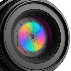 Closeup of a camera lens aperture with a colorful rainbow spectrum reflecting on the blades, isolated on a transparent background