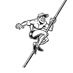 Fototapeta premium Cartoon male character with muscular build wearing a hat and holding a spear depicted in a dynamic pose