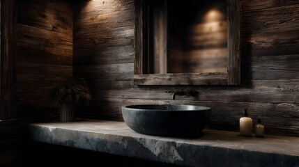 Rustic countryside bathroom with natural wooden walls and stone basin