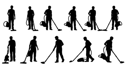 Naklejka premium A collection of twelve male silhouettes vacuuming, showcasing various cleaning postures and positions.