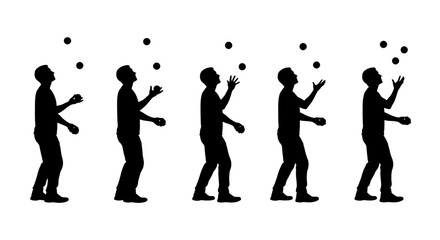 Fototapeta premium Five silhouettes of a person juggling multiple balls in the air, demonstrating the different stages of the juggling act.