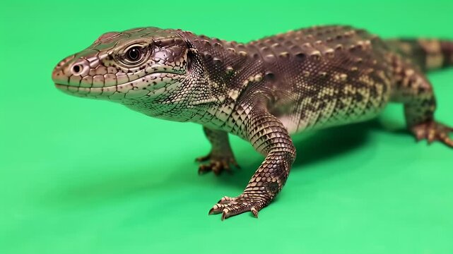 Detailed close-up of a scaly reptile, possibly a tegu or monitor lizard, showcasing its intricate skin patterns and textures against a vibrant gree...