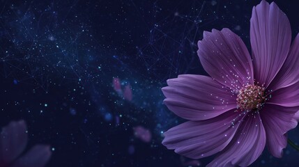 Purple flower with detailed petals against a dark space, connected lines, and glimmering particles