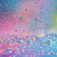 Close-up of glistening water droplets, with a rainbow background 